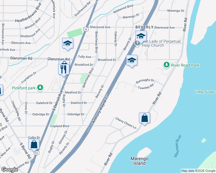 map of restaurants, bars, coffee shops, grocery stores, and more near 3728 Anthony Wayne Trail in Toledo