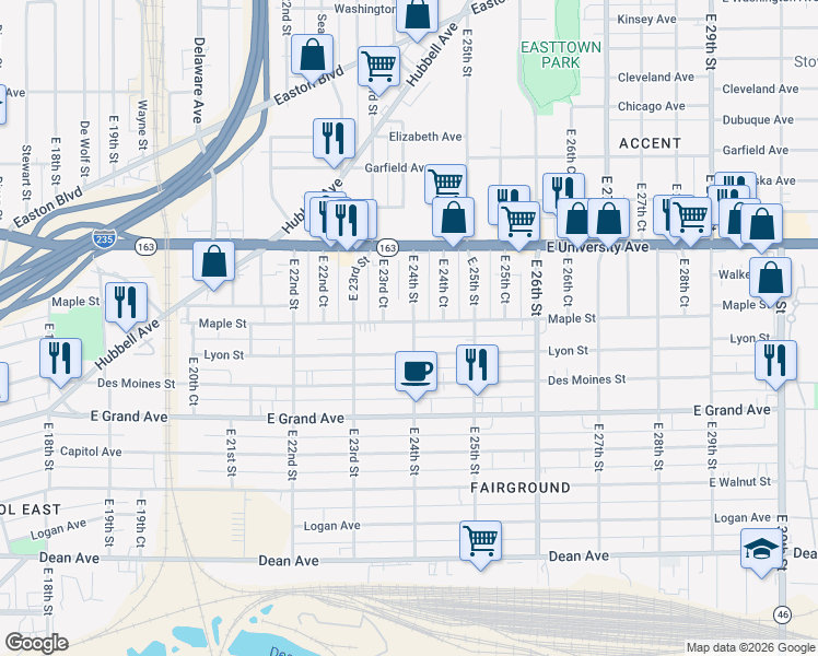 map of restaurants, bars, coffee shops, grocery stores, and more near 2347 Maple Street in Des Moines