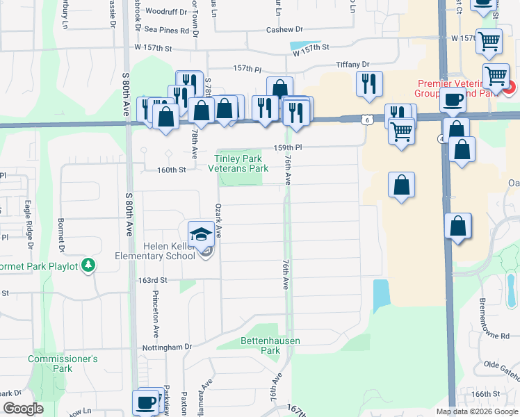 map of restaurants, bars, coffee shops, grocery stores, and more near 7633 161st Street in Tinley Park