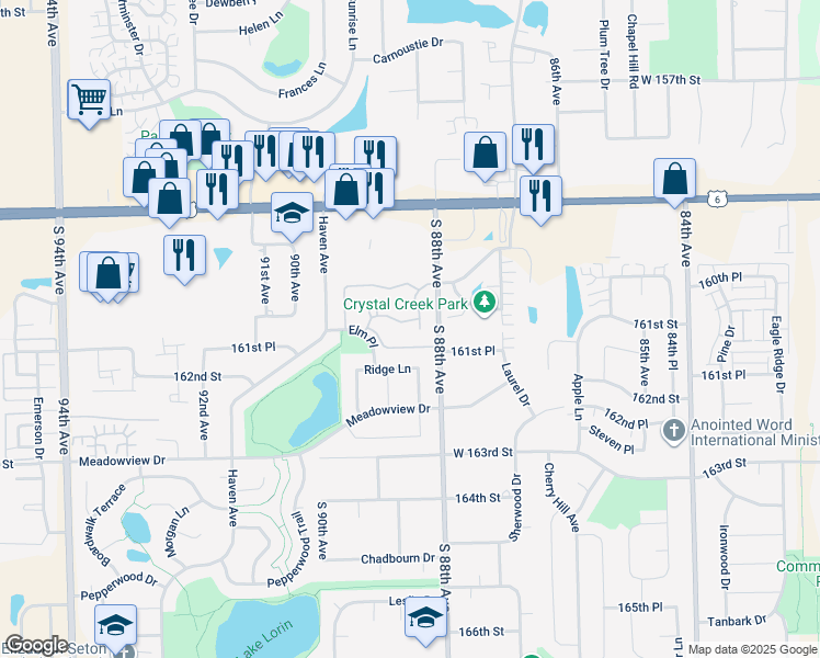 map of restaurants, bars, coffee shops, grocery stores, and more near 8823 Cedarwood Drive in Orland Hills