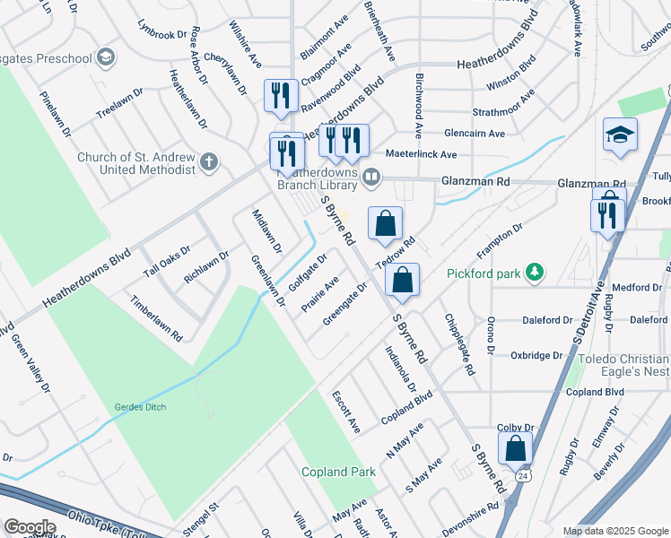 map of restaurants, bars, coffee shops, grocery stores, and more near 3534 Prairie Ave in Toledo