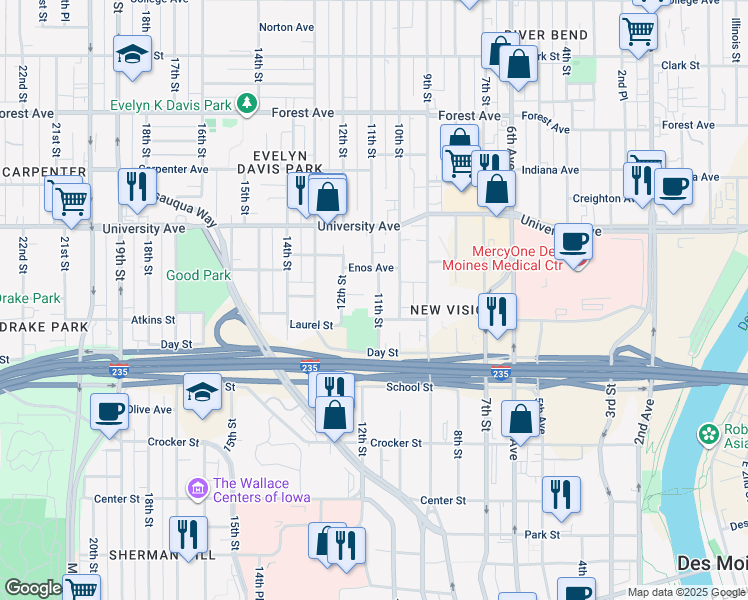map of restaurants, bars, coffee shops, grocery stores, and more near 1118 11th Street in Des Moines