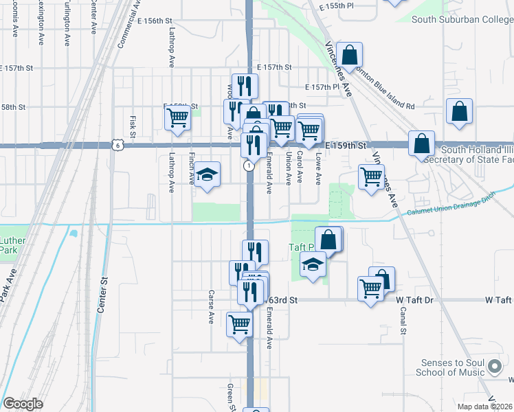 map of restaurants, bars, coffee shops, grocery stores, and more near 16037 Halsted Street in Harvey