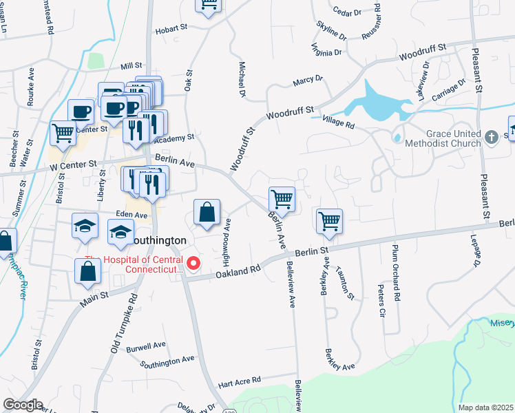 map of restaurants, bars, coffee shops, grocery stores, and more near 208-210 Berlin Avenue in Southington