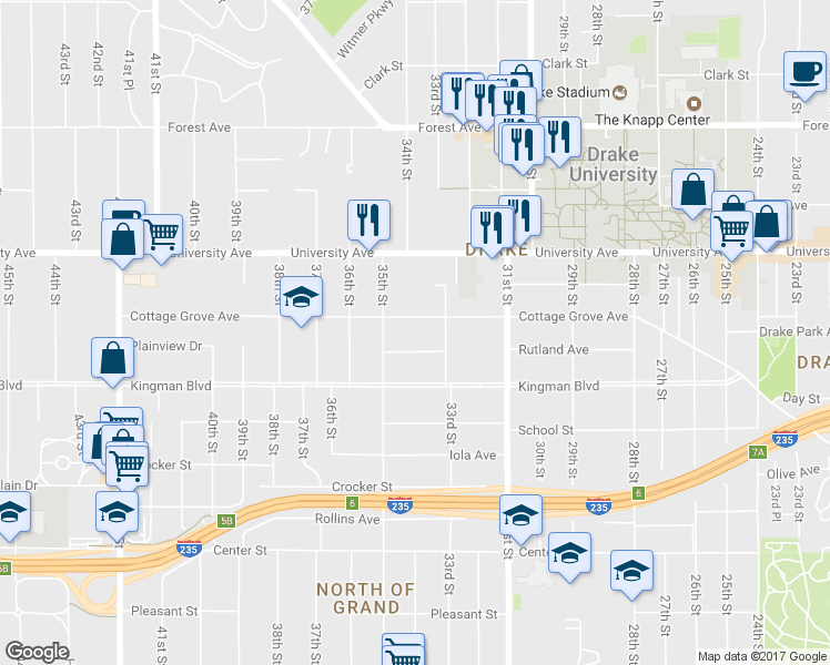 map of restaurants, bars, coffee shops, grocery stores, and more near 3113 Cottage Grove Avenue in Des Moines