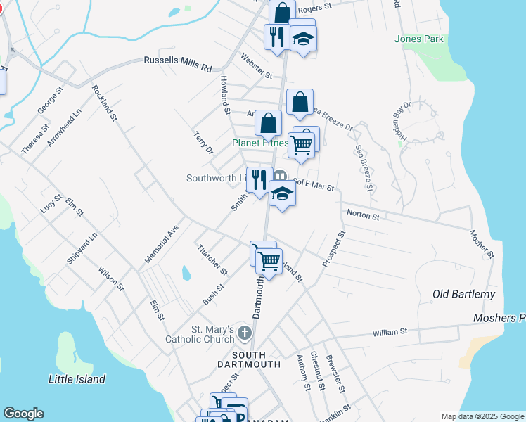 map of restaurants, bars, coffee shops, grocery stores, and more near 747 Dartmouth Street in Dartmouth
