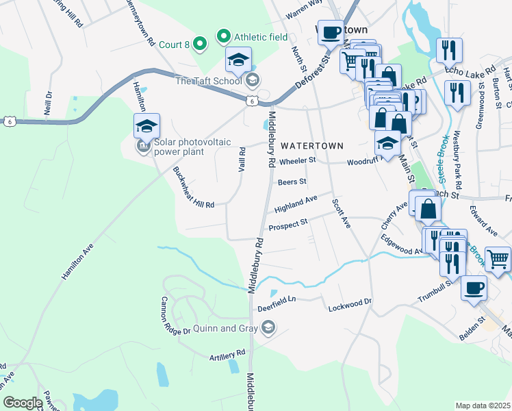 map of restaurants, bars, coffee shops, grocery stores, and more near 166 Middlebury Road in Watertown