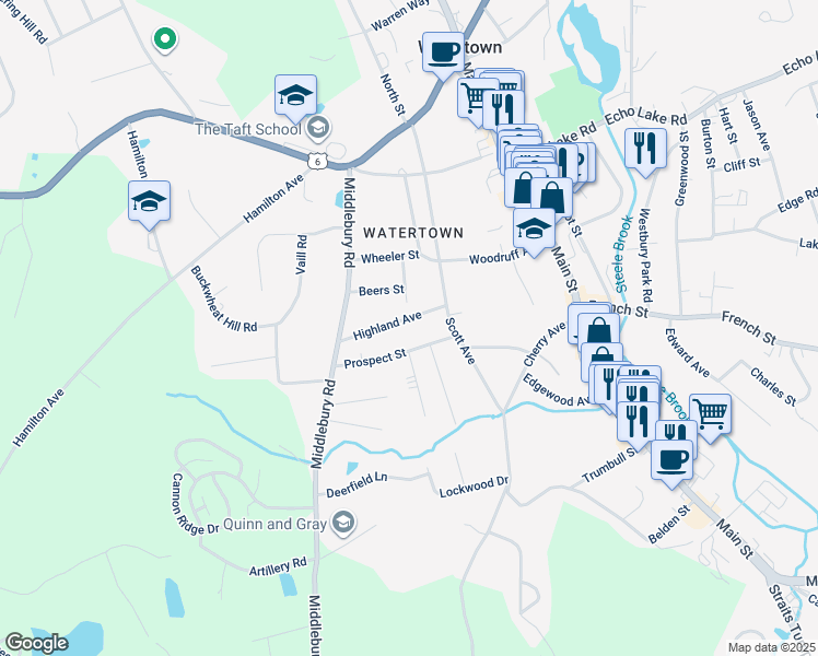 map of restaurants, bars, coffee shops, grocery stores, and more near 47 Highland Avenue in Watertown