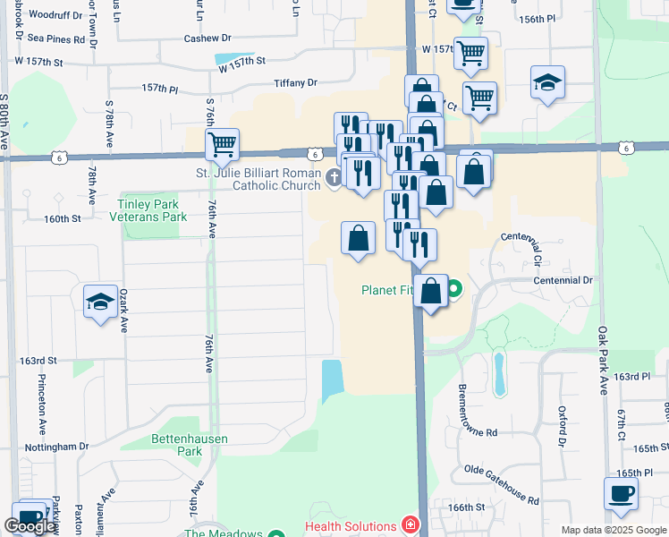 map of restaurants, bars, coffee shops, grocery stores, and more near 16103 Lake Villa Avenue in Tinley Park