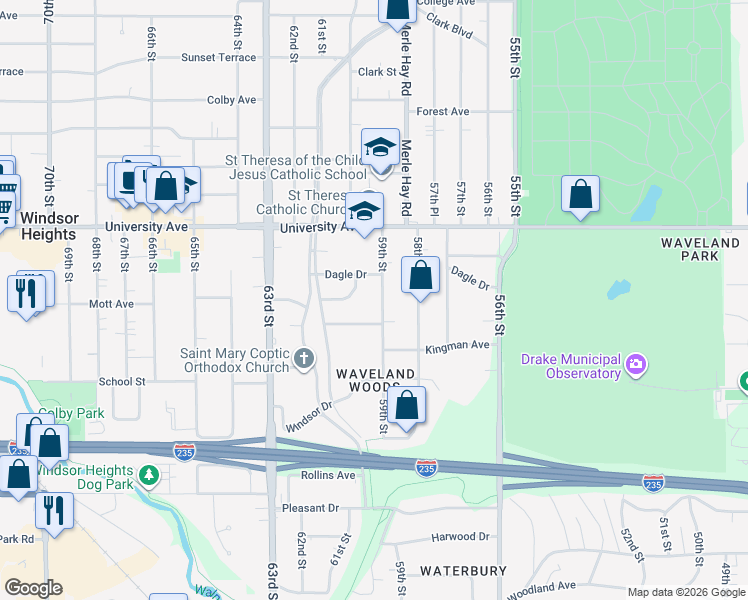 map of restaurants, bars, coffee shops, grocery stores, and more near 1104 59th Street in Des Moines