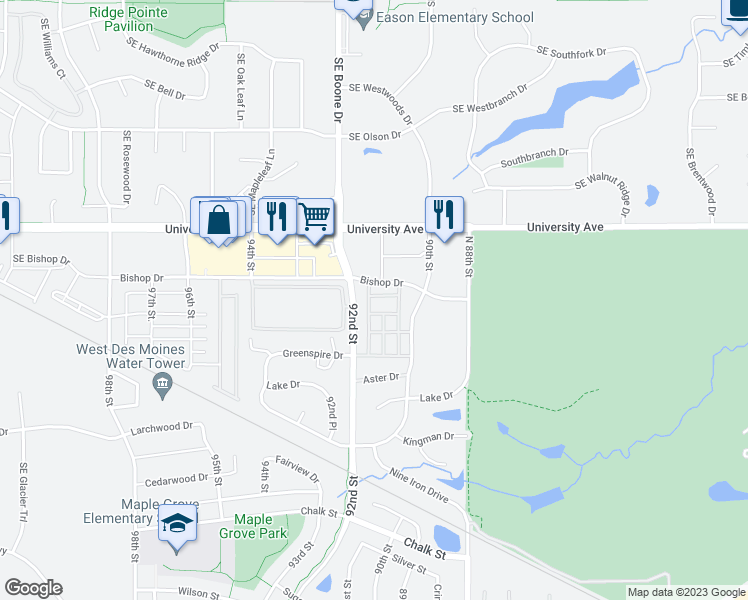 map of restaurants, bars, coffee shops, grocery stores, and more near 9159 Burkwood Drive in West Des Moines