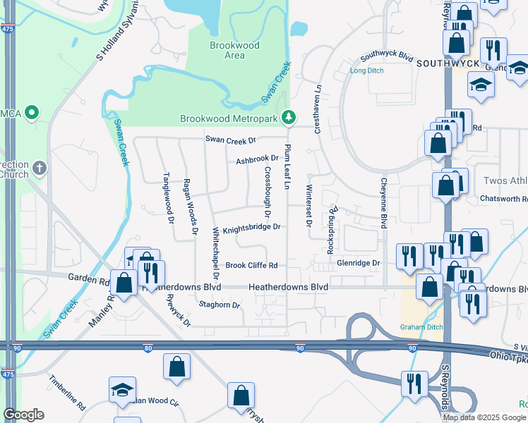 map of restaurants, bars, coffee shops, grocery stores, and more near 2334 Crossbough Drive in Toledo