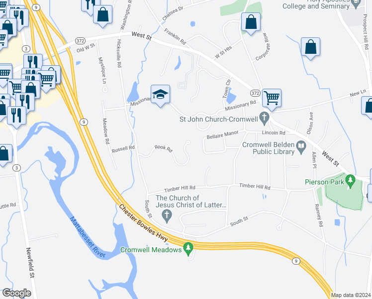 map of restaurants, bars, coffee shops, grocery stores, and more near 201 Rook Road in Cromwell