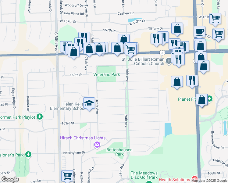 map of restaurants, bars, coffee shops, grocery stores, and more near 7639 161st Street in Tinley Park