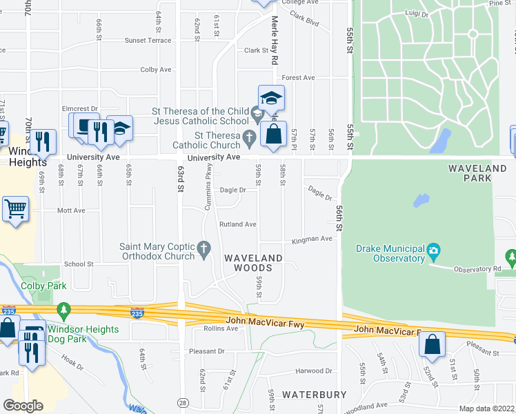 map of restaurants, bars, coffee shops, grocery stores, and more near 1109 59th Street in Des Moines