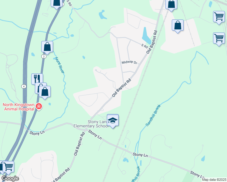 map of restaurants, bars, coffee shops, grocery stores, and more near 19 Caddy Rock Road in North Kingstown