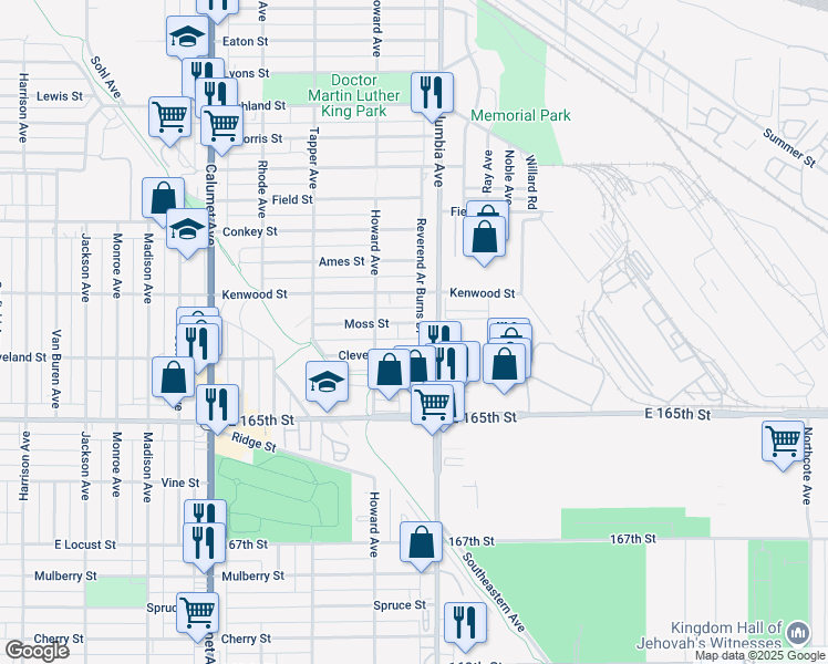map of restaurants, bars, coffee shops, grocery stores, and more near 1134 Moss Street in Hammond