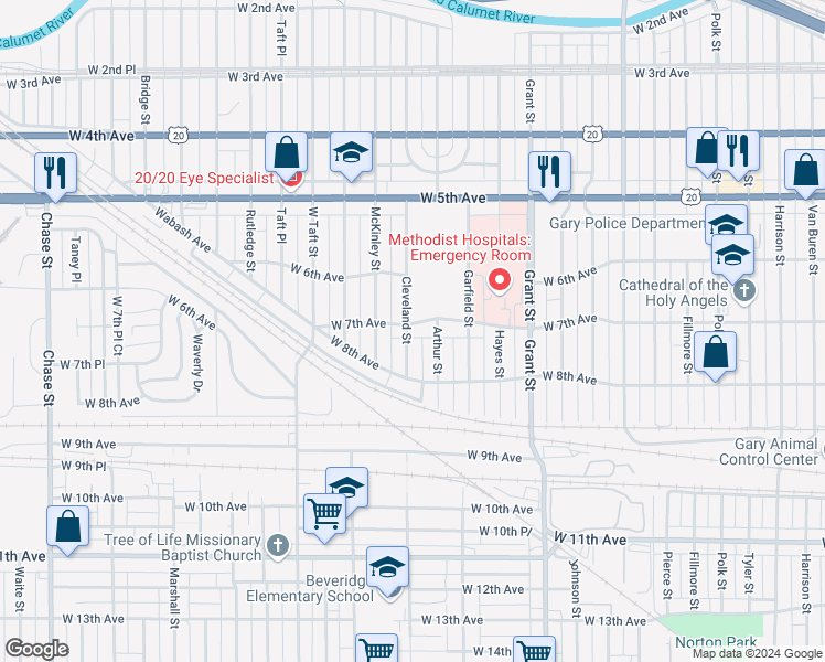 map of restaurants, bars, coffee shops, grocery stores, and more near 1933 West 7th Avenue in Gary