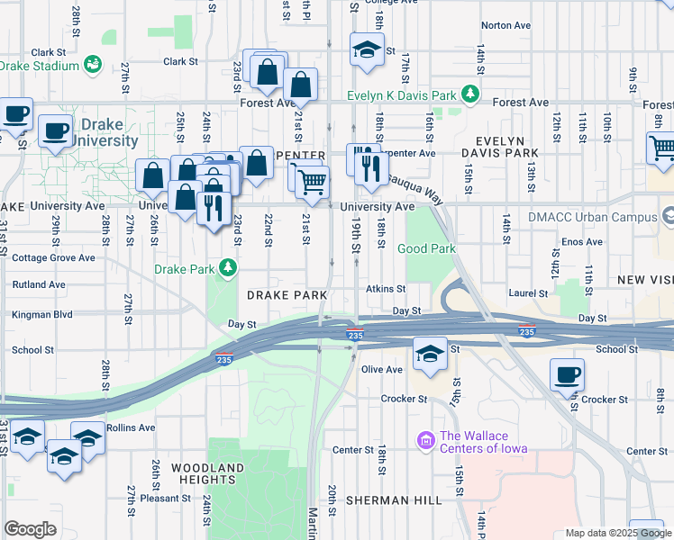 map of restaurants, bars, coffee shops, grocery stores, and more near 1117 Martin Luther King Junior Parkway in Des Moines
