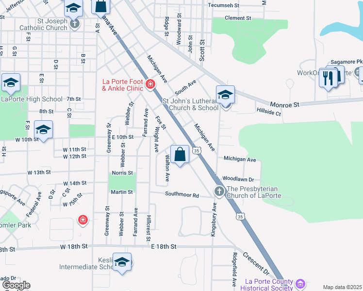 map of restaurants, bars, coffee shops, grocery stores, and more near 907 Fox Street in La Porte
