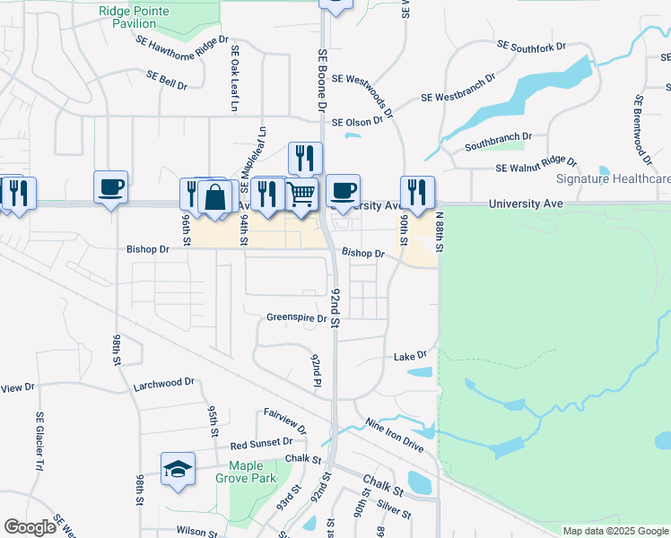 map of restaurants, bars, coffee shops, grocery stores, and more near 9159 Burkwood Drive in West Des Moines