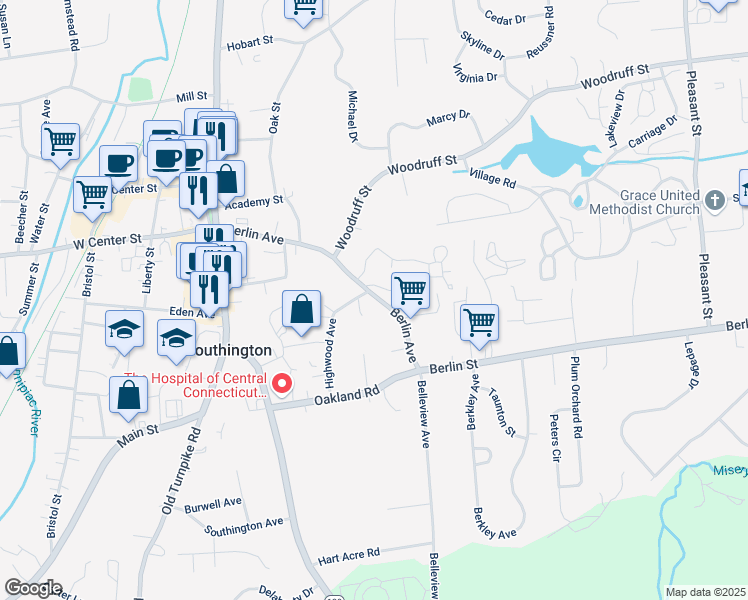 map of restaurants, bars, coffee shops, grocery stores, and more near 210 Berlin Avenue in Southington