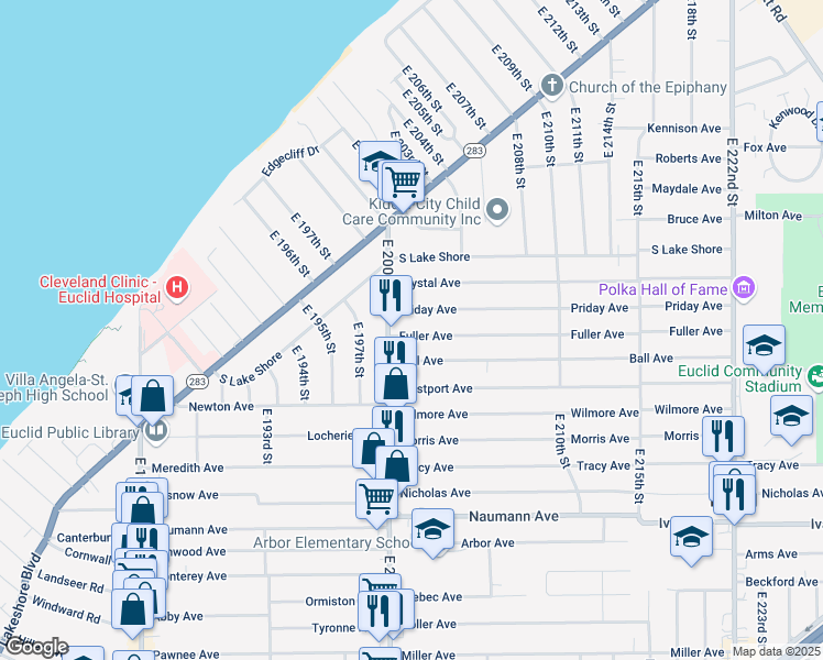 map of restaurants, bars, coffee shops, grocery stores, and more near 317 East 200th Street in Cleveland