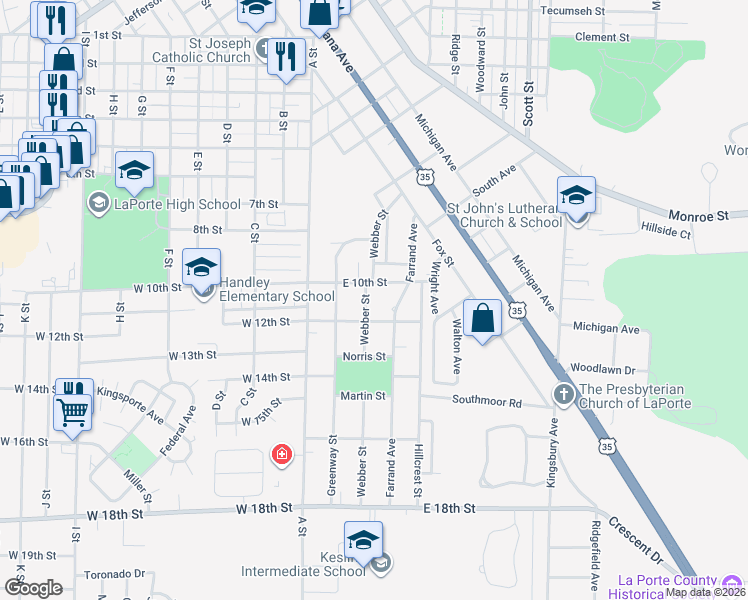 map of restaurants, bars, coffee shops, grocery stores, and more near 1003 Webber Street in La Porte