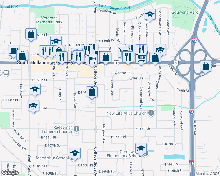map of restaurants, bars, coffee shops, grocery stores, and more near 866 East 163rd Place in South Holland