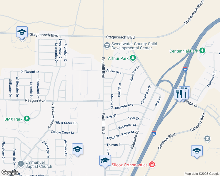 map of restaurants, bars, coffee shops, grocery stores, and more near 2018 Carter Avenue in Rock Springs