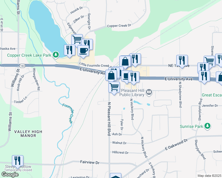 map of restaurants, bars, coffee shops, grocery stores, and more near 5050 Maple Drive in Pleasant Hill