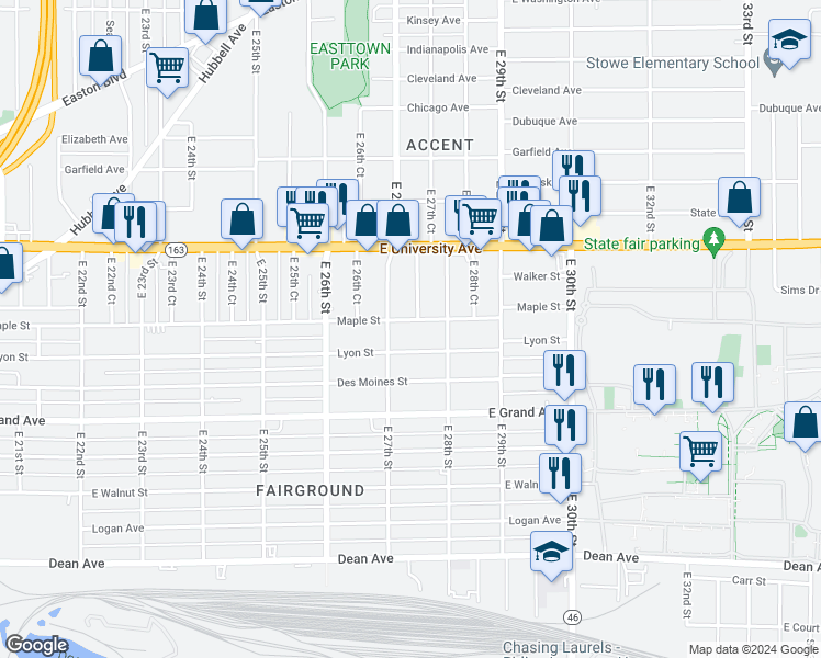 map of restaurants, bars, coffee shops, grocery stores, and more near 2709 Maple Street in Des Moines
