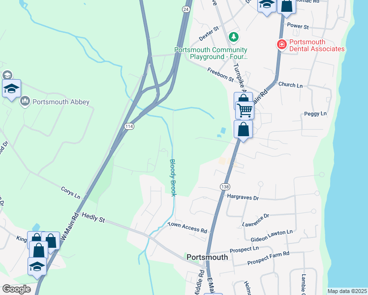 map of restaurants, bars, coffee shops, grocery stores, and more near 125 Quaker Hill Lane in Portsmouth