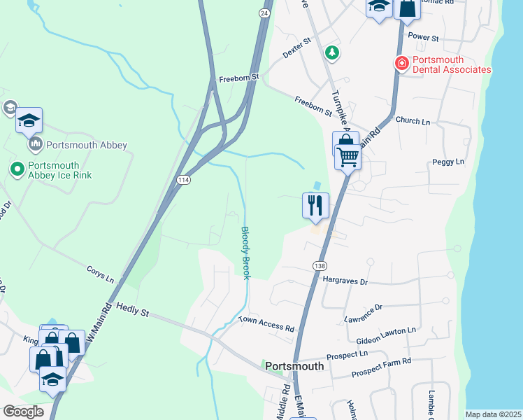 map of restaurants, bars, coffee shops, grocery stores, and more near 125 Quaker Hill Lane in Portsmouth
