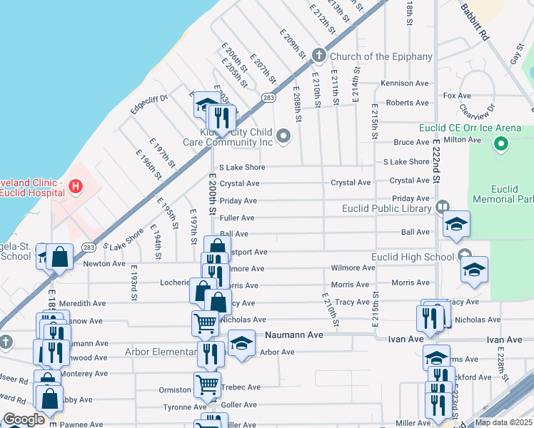 map of restaurants, bars, coffee shops, grocery stores, and more near 20547 Fuller Avenue in Euclid