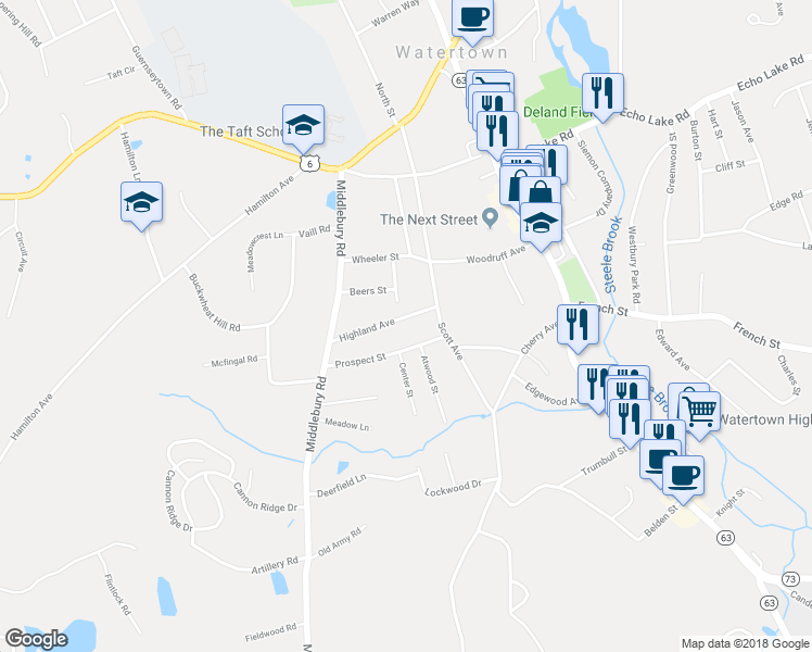 map of restaurants, bars, coffee shops, grocery stores, and more near 47 Highland Avenue in Watertown