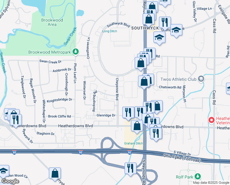 map of restaurants, bars, coffee shops, grocery stores, and more near 2404 Cheyenne Boulevard in Toledo