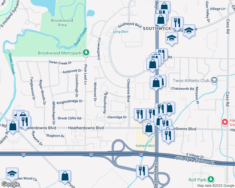 map of restaurants, bars, coffee shops, grocery stores, and more near 2224 Rockspring Road in Toledo