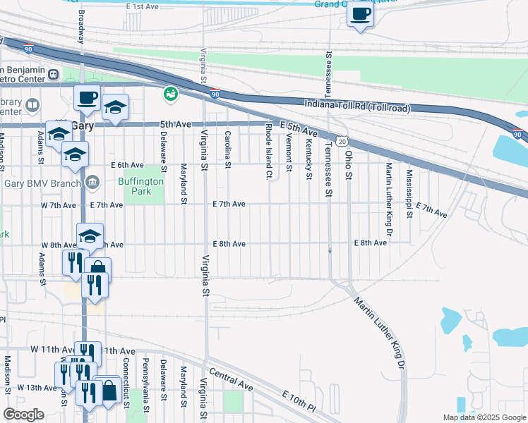 map of restaurants, bars, coffee shops, grocery stores, and more near 719 Rhode Island Court in Gary