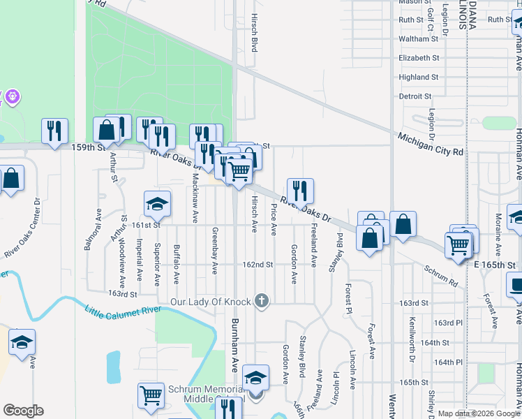 map of restaurants, bars, coffee shops, grocery stores, and more near 1282 Hirsch Avenue in Calumet City
