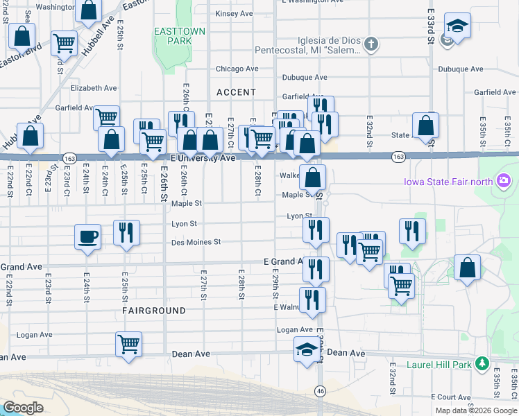 map of restaurants, bars, coffee shops, grocery stores, and more near 2811 Maple Street in Des Moines