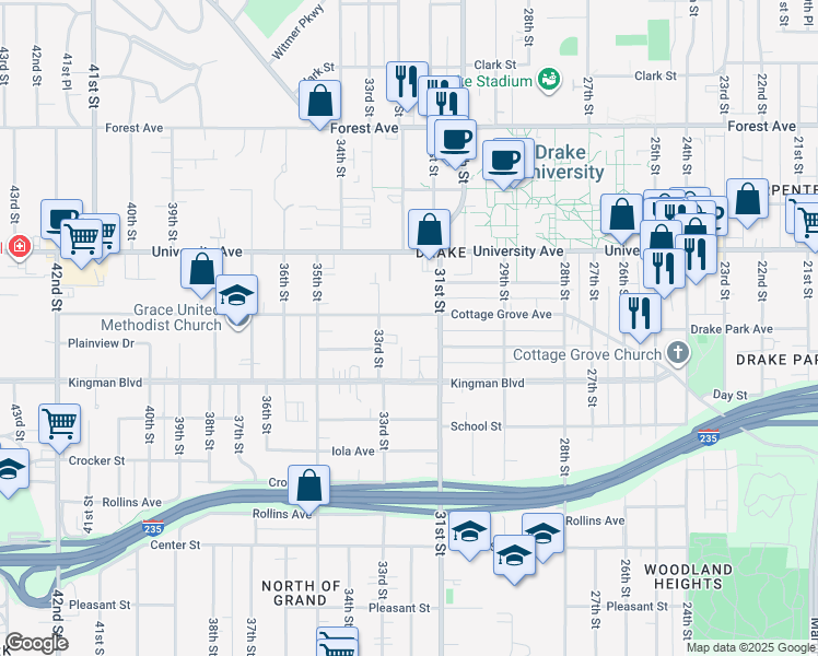 map of restaurants, bars, coffee shops, grocery stores, and more near 3102 Cottage Grove Avenue in Des Moines