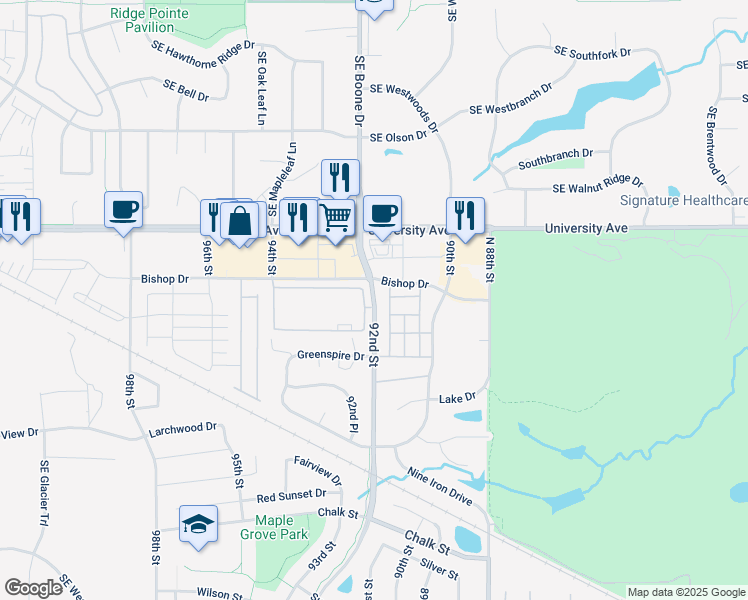 map of restaurants, bars, coffee shops, grocery stores, and more near 9159 Burkwood Drive in West Des Moines