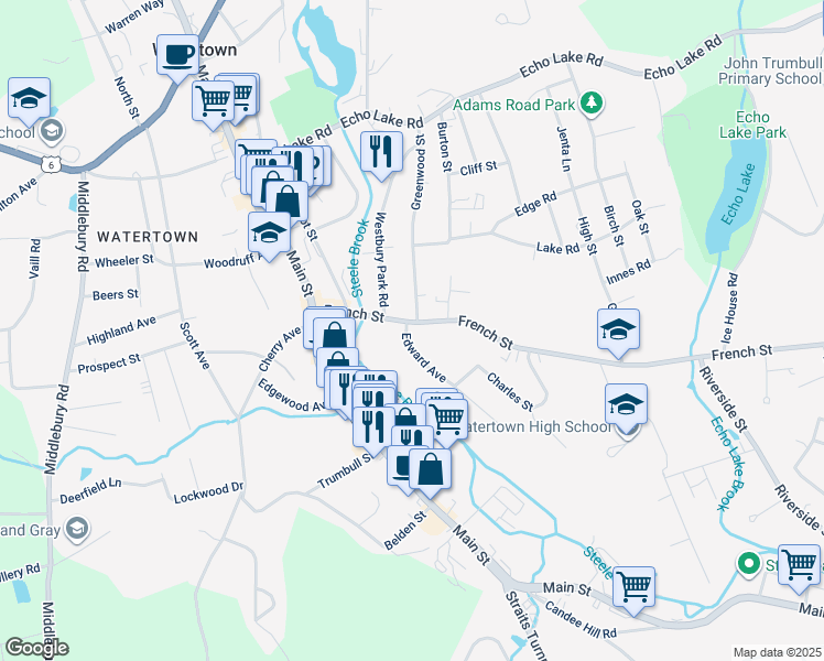 map of restaurants, bars, coffee shops, grocery stores, and more near 102 French Street in Watertown