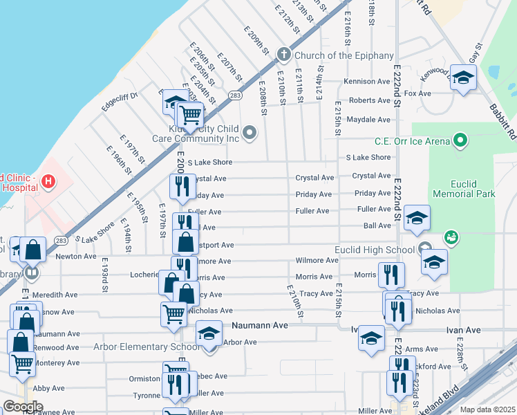 map of restaurants, bars, coffee shops, grocery stores, and more near 20801 Fuller Avenue in Euclid