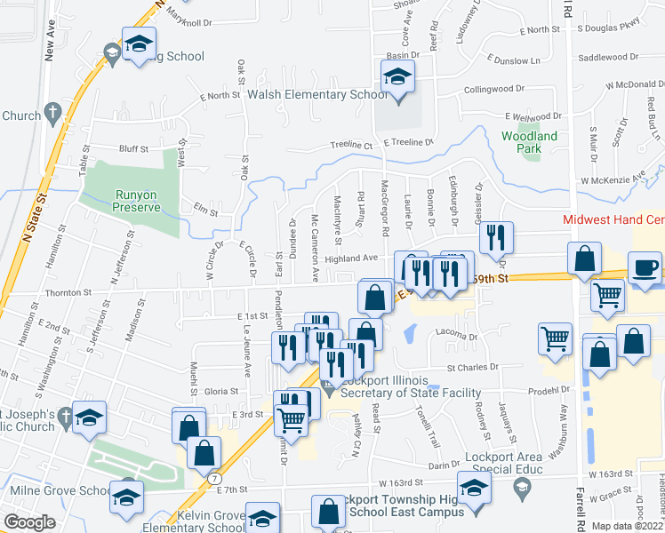 map of restaurants, bars, coffee shops, grocery stores, and more near 1005 Highland Avenue in Lockport