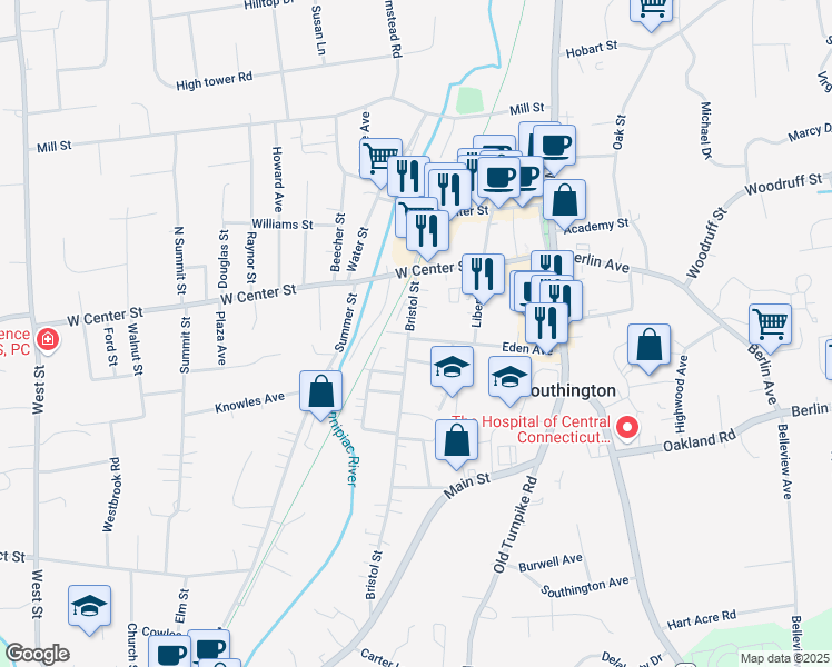 map of restaurants, bars, coffee shops, grocery stores, and more near 65 Bristol Street in Southington