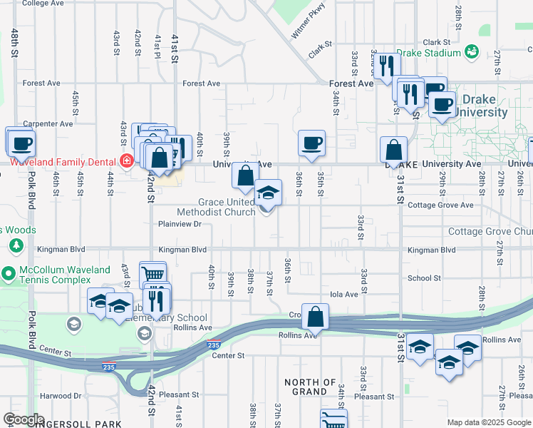 map of restaurants, bars, coffee shops, grocery stores, and more near 3700 Cottage Grove Avenue in Des Moines