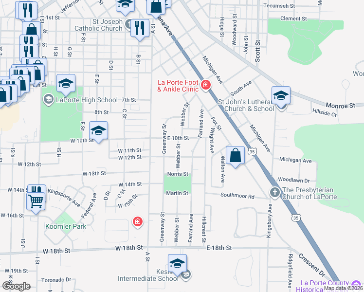 map of restaurants, bars, coffee shops, grocery stores, and more near 1003 Webber Street in La Porte