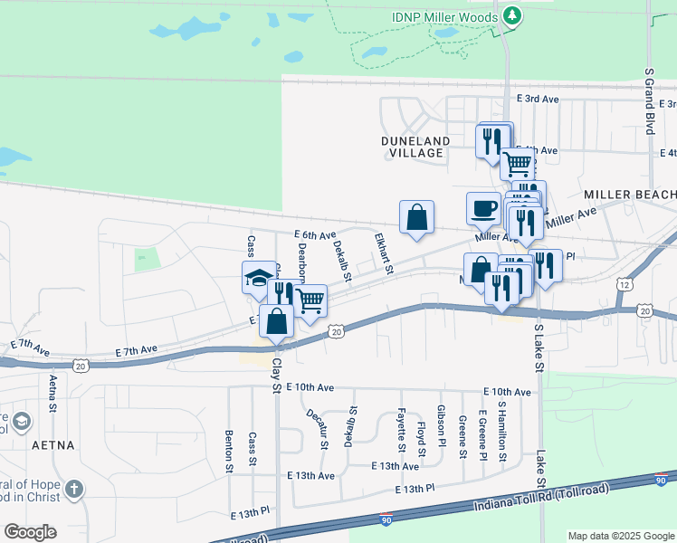 map of restaurants, bars, coffee shops, grocery stores, and more near 656 Dekalb Street in Gary